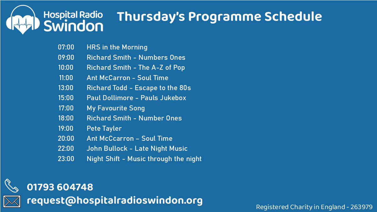 HRSwindon's tweet image. Today's schedule looks like this
Listen here - carina.streamerr.co/public/swindon…
@GWH_NHS
#attheheartofthehospital
#radioforthegwh