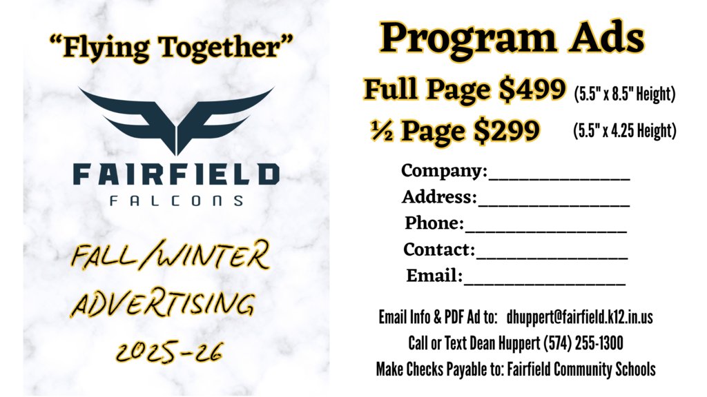 We'll have a new gameday program this Fall.  If you know of a local business who would like to support Fairfield, have them email dhuppert@fairfield.k12.in.us or call or text (574) 255-1300.    The football home opener is 8/22 so we'll need your ad by 8/4.   #FairfieldOnTheRise