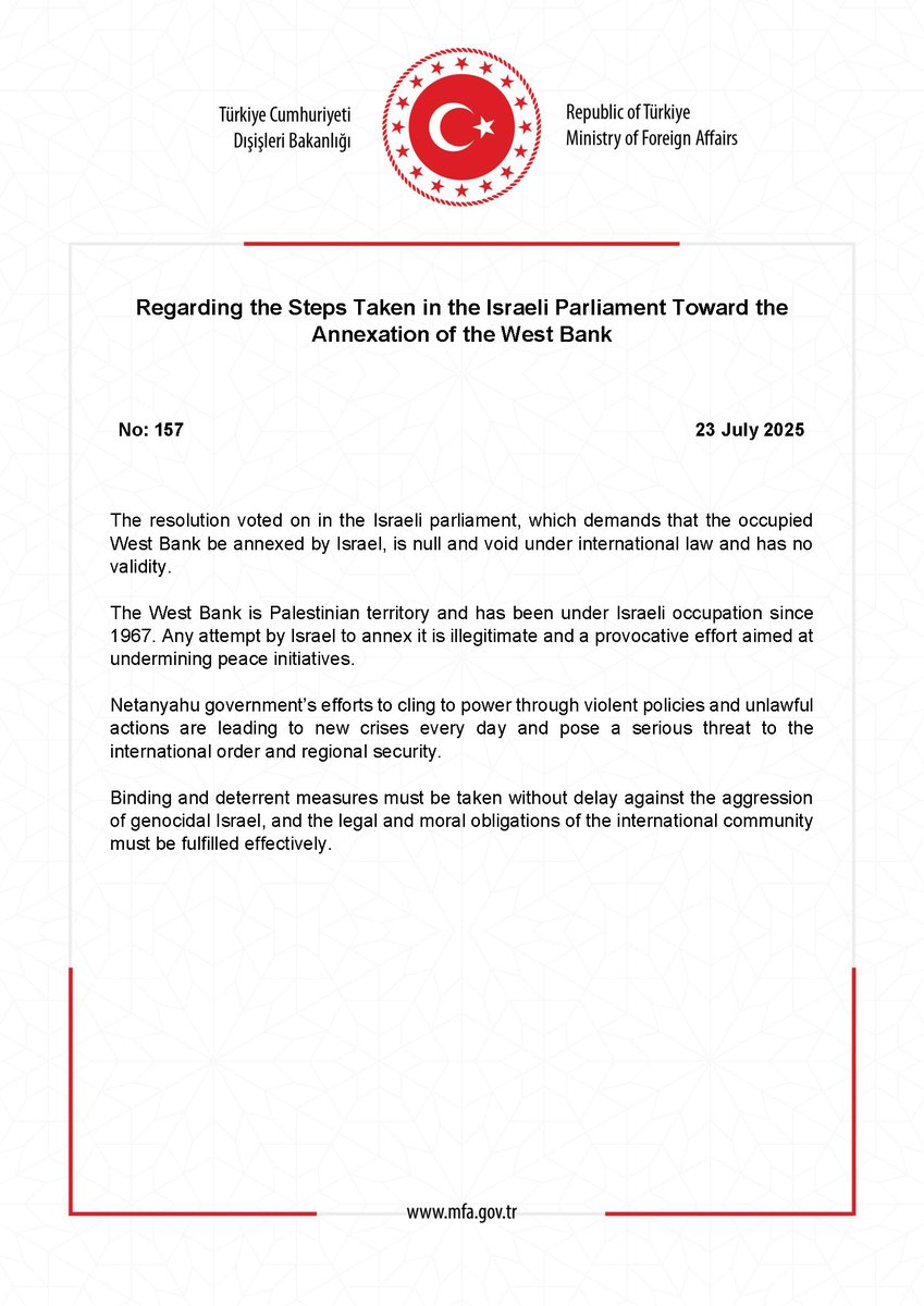 Regarding the Steps Taken in the Israeli Parliament Toward the Annexation of the West Bank mfa.gov.tr/no_-157_-israi…
