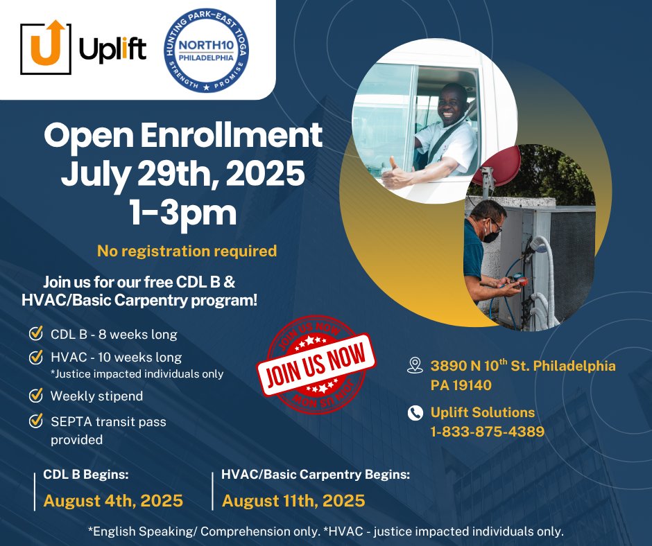 🚨 Open Enrollment Alert! 🚨

Looking to launch a career in the trades? Join us for FREE CDL B &amp; HVAC/Basic Carpentry Training — no registration required!

🗓️ Open Enrollment: July 29, 2025 | 1–3 PM
📍 3890 N 10th St, Philadelphia, PA 19140
📞 1-833-875-4389

#North10Phl
