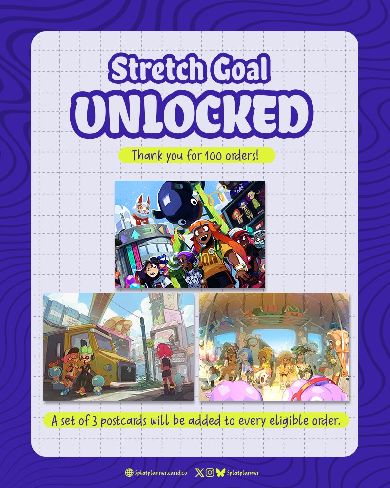 SplatPlanner's tweet image. 💜 STRETCH GOAL 1 UNLOCKED 💜
Thank you for 100+ preorders! If you ordered the Planner, Sticker Lover, Stationery, or Full Bundle, your order will now come with a set of 3 postcards.
Next stretch goal unlocks at 200 orders!