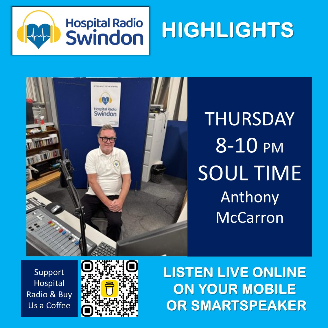 HRSwindon's tweet image. Coming up at 8pm we have Anthony McCarron with his Soul show Click here to listen carina.streamerr.co/public/swindon…
@GWH_NHS
#attheheartofthehospital #radioforthegwh