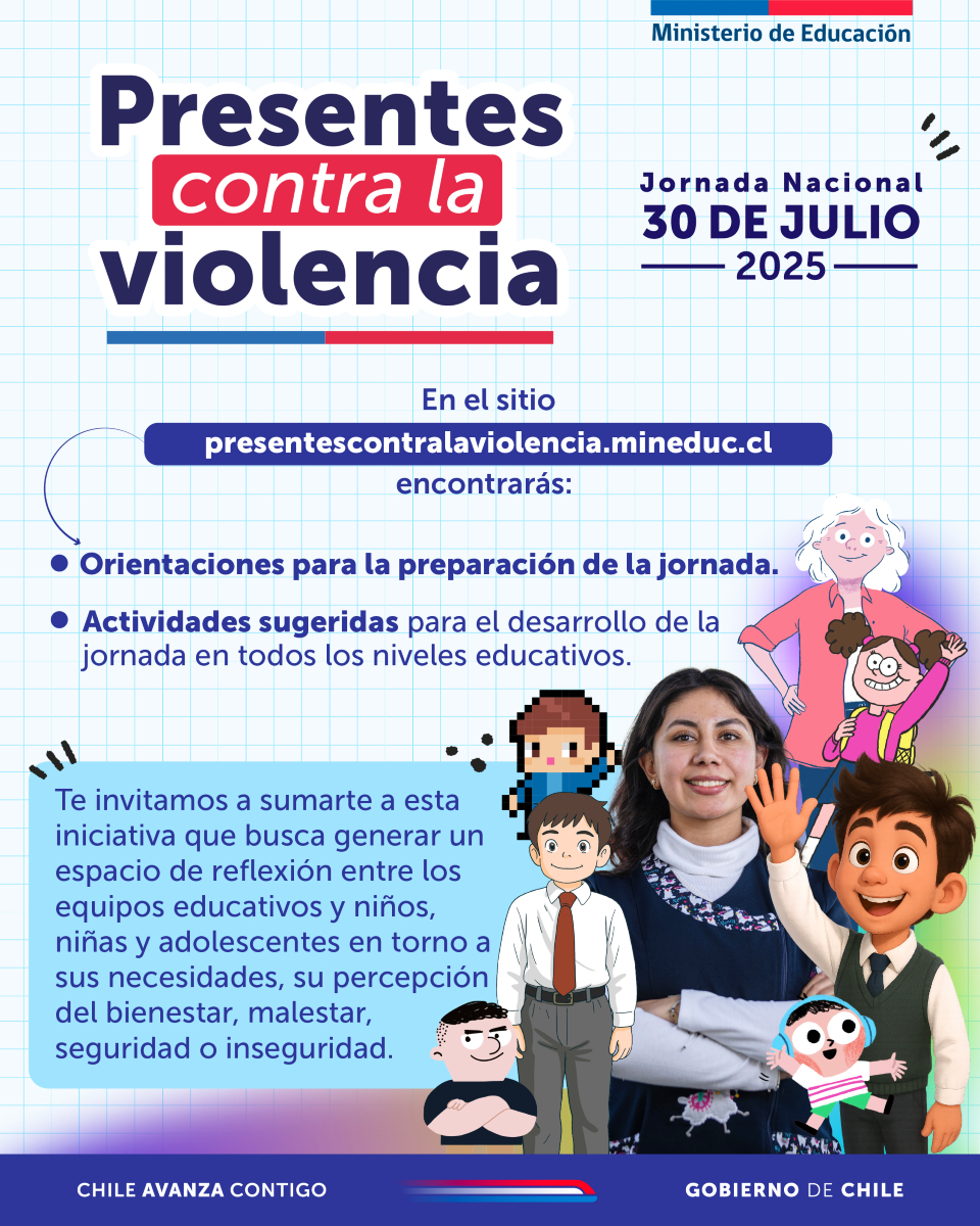 Invitamos a toda la comunidad educativa a participar en la jornada nacional "Presentes contra la violencia" que se realizará el próximo miércoles 30 de julio.

En 👉🏼presentescontralaviolencia.mineduc.cl puedes encontrar material pedagógico necesario para la jornada✏📒