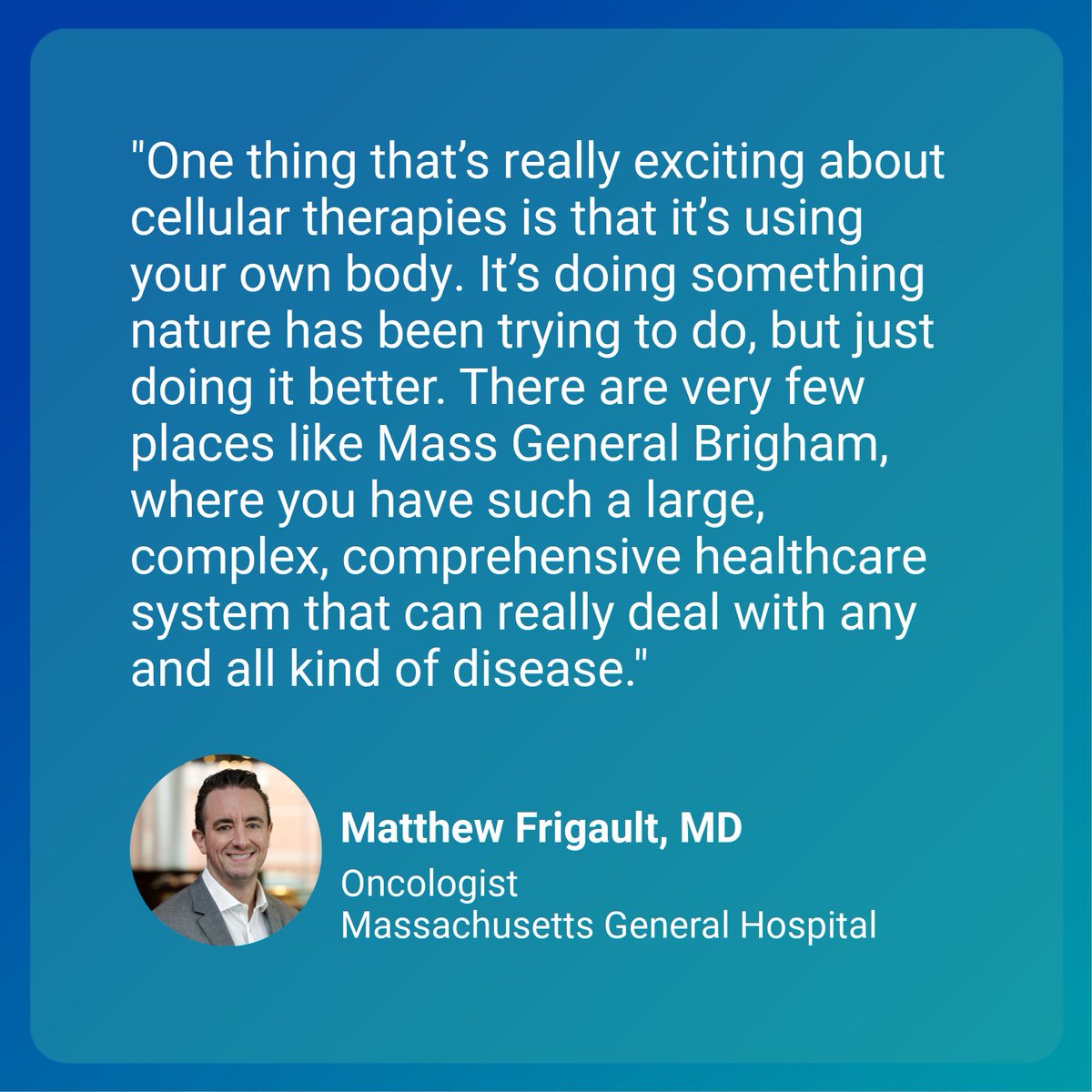 MGHCancerCenter's tweet image. Matthew Frigault, MD, inaugural incumbent of the John and Ashley Ranelli Endowed Scholar in Cancer Innovation at Massachusetts General Hospital, shares the innovative way cellular therapies work, and how we are uniquely positioned as an integrated system to lead the discovery and…