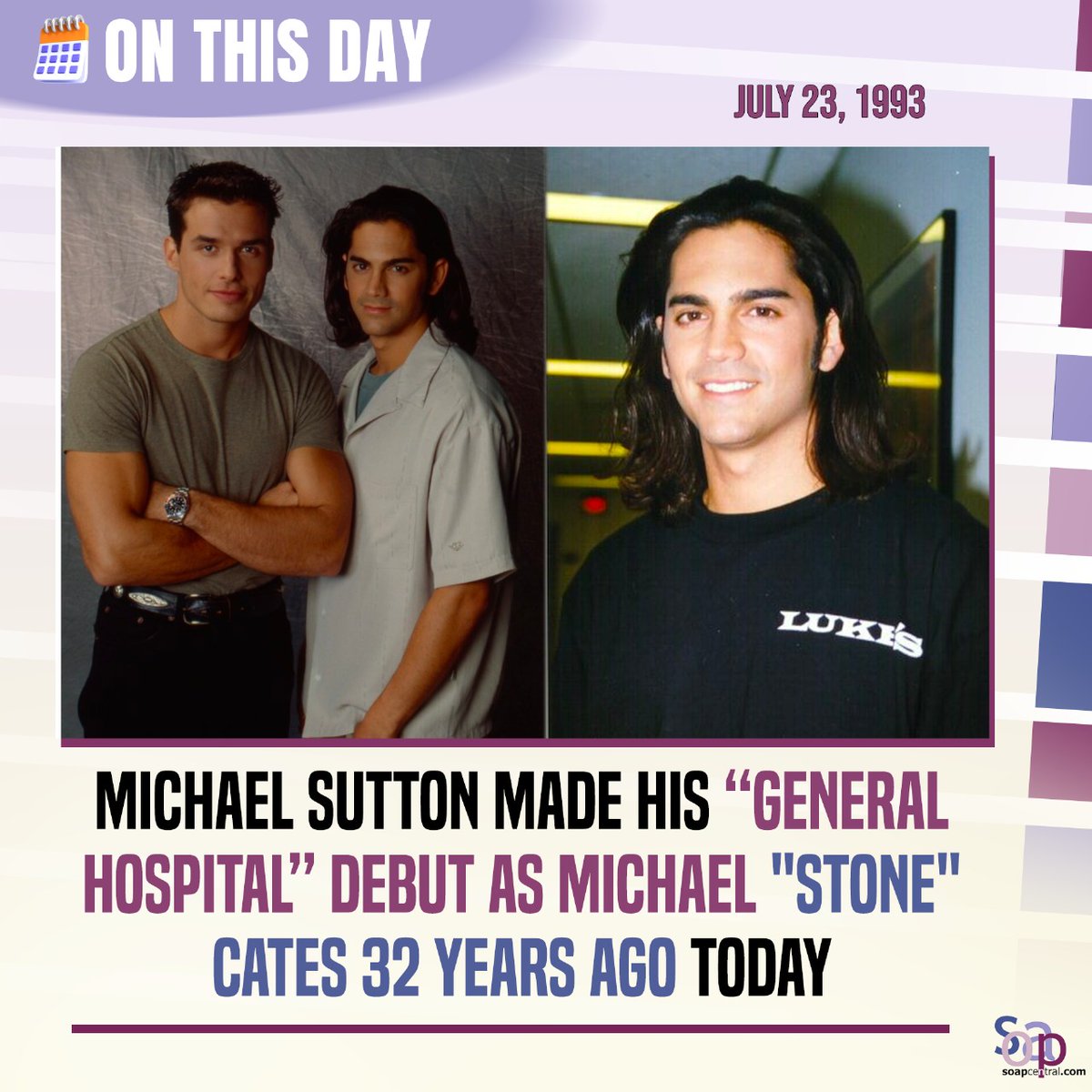 soapcentral's tweet image. #OTD: Michael Sutton first appeared as Stone Cates on #GeneralHospital 32 years ago — July 23, 1993.
One of the show's most unforgettable characters.