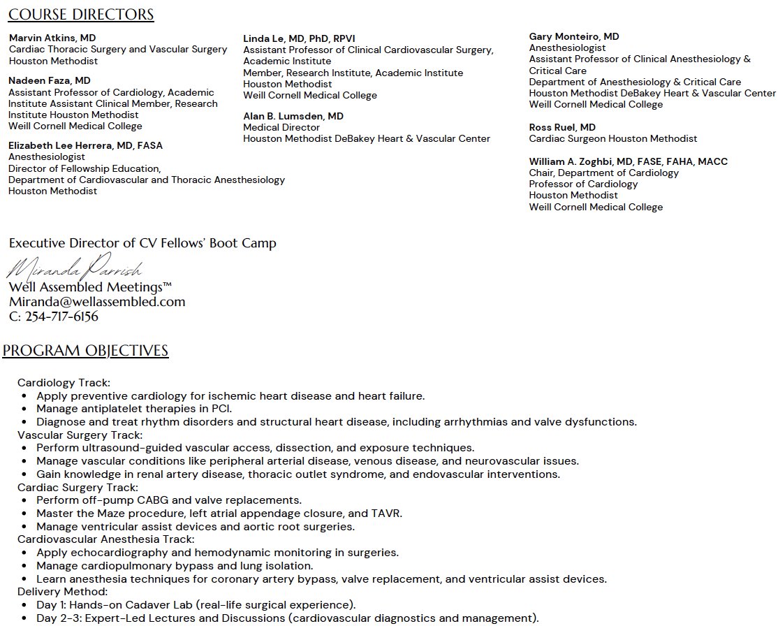 DeBakeyCVedu's tweet image. Dear Industry Partners,
We welcome you to support CV Fellows' Boot Camp through exhibitor and sponsorship opportunities. Your support is invaluable in making this educational event a success for the next generation! @AlanLumsdenMD
Program details here: cvbootcamp.org/agenda