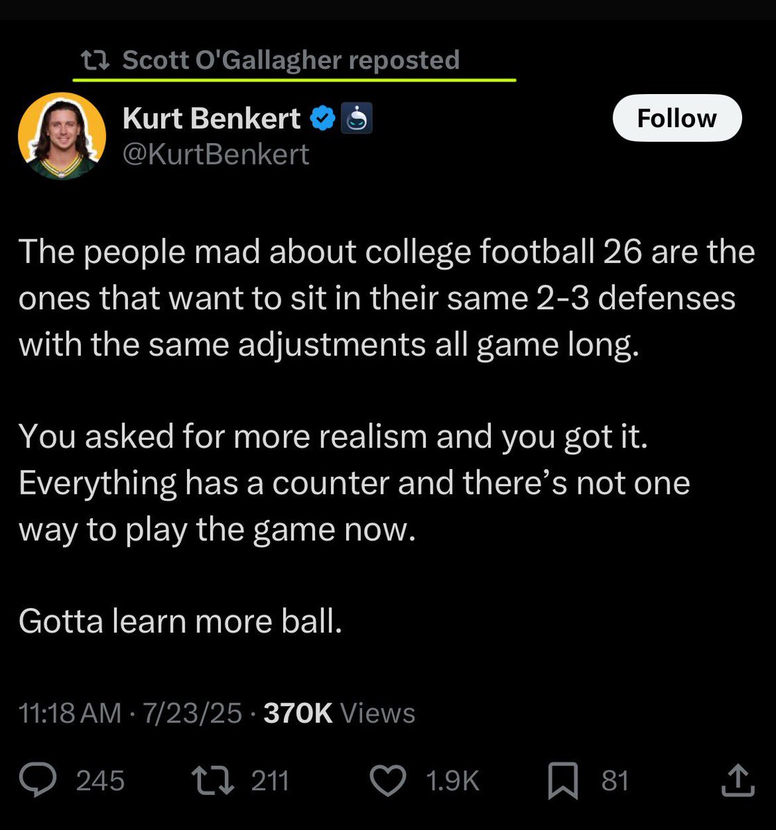 CatholicPacman's tweet image. This is what the higher ups at EA are telling themselves…
This is cope. Reposting paid promoters like @KurtBenkert who run damage control.
Personally, idgaf about online/competitive play.
The gameplay feels wonky and the player models/equipment make it look a lot worse.
