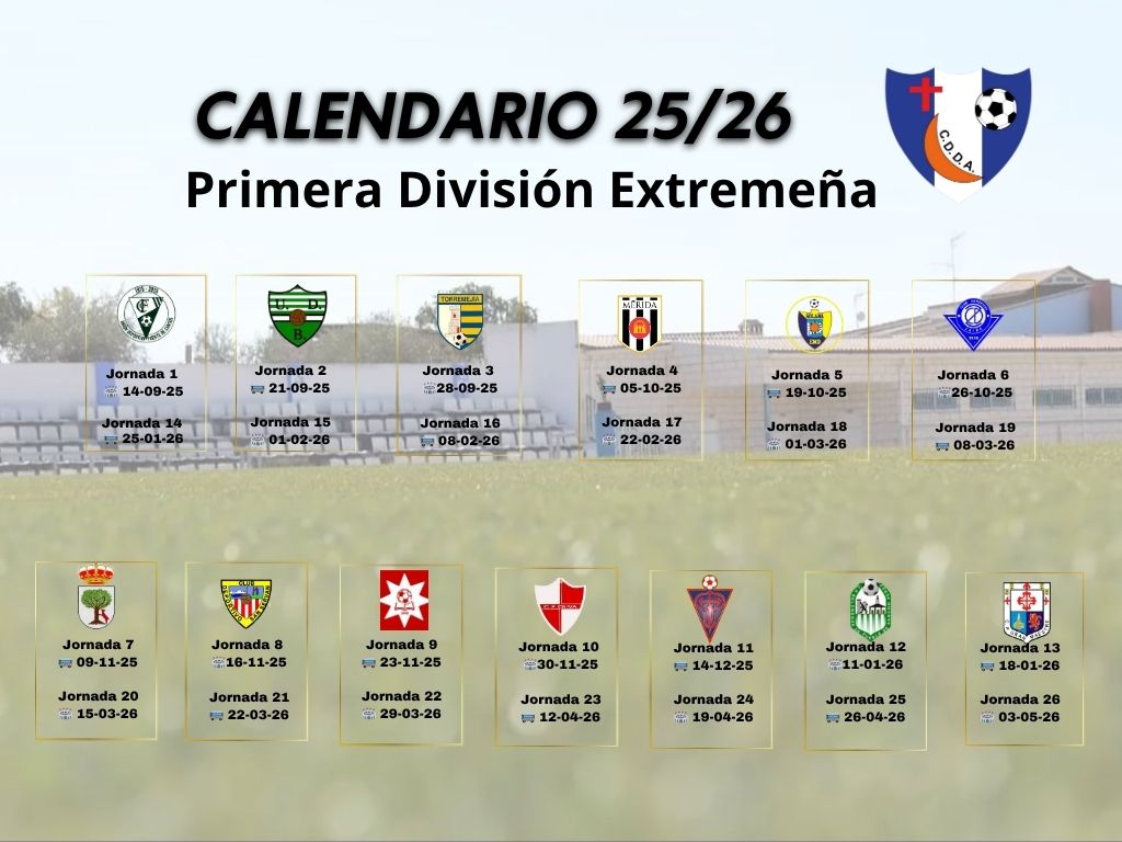 🔵⚪ Calendario temporada 25/26🔵⚪
🏟️ Comenzamos la liga en casa frente al <a href="/UDFDC/">UD Fuente de Cantos</a> 
🗓️ 14 septiembre 2025
#SomosDonÁlvaro