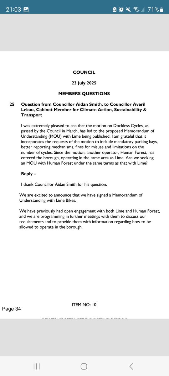 aidanmasmith's tweet image. I asked four questions at the @Royal_Greenwich Council meeting tonight. I asked whether we would be seeking an MOU with @forestbike_uk following the success of my motion to request one with @limebike, which will soon be passed. The MOU should improve dockless hire in #Greenwich