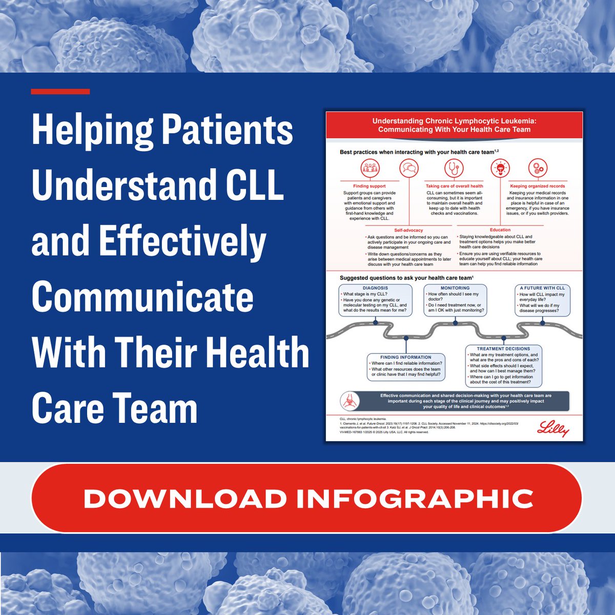 LillyOncMed's tweet image. 🩺HCPs – Empower your #CLL patients to take an active role in their treatment journey.
Share this infographic to guide them on best practices for effective communication and shared decision-making with their care team.
⬇️Download now: e.lilly/40c1BI4
