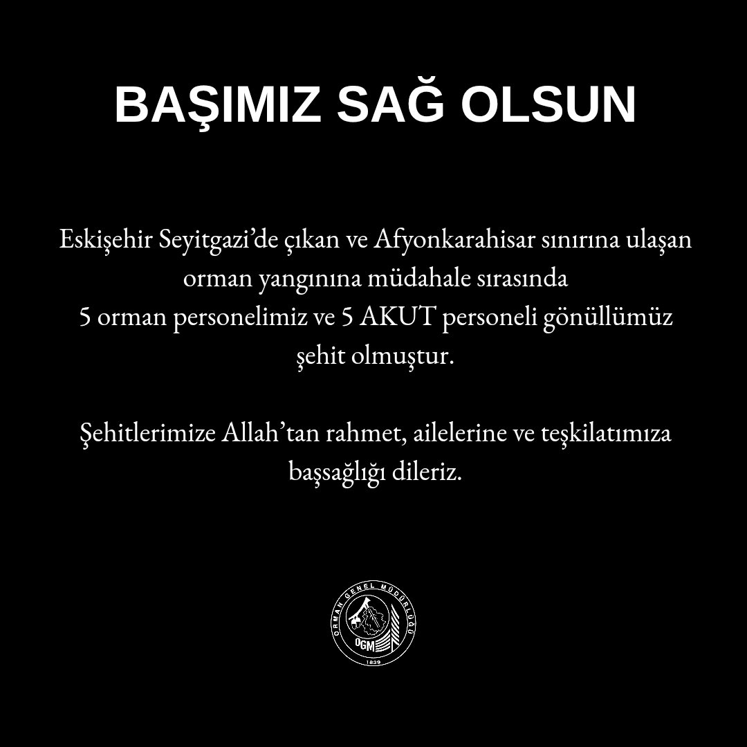 Başın sağ olsun Türkiyem!

#Eskişehir’in Seyitgazi ilçesinde çıkan orman yangınına müdahale ederken alevlerin arasında kalan 5 orman işçisi ve 5 gönüllü kardeşlerimizi kaybetmenin derin acısını yaşıyoruz.

Şehitlerimize Yüce Allah’tan rahmet; ailelerine, sevenlerine ve aziz
