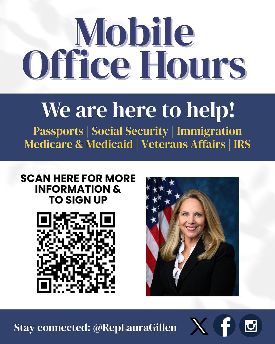 RepLauraGillen's tweet image. Team Gillen is partnering with @SolagesNY for Mobile Office Hours!
Join us for help with passports, Social Security, VA benefits, Medicare, or any federal issues.
📍 Office of Assemblywoman Michaelle Solages, 33 North Central Avenue, Valley Stream, NY 11580
📅 Thursday, July…