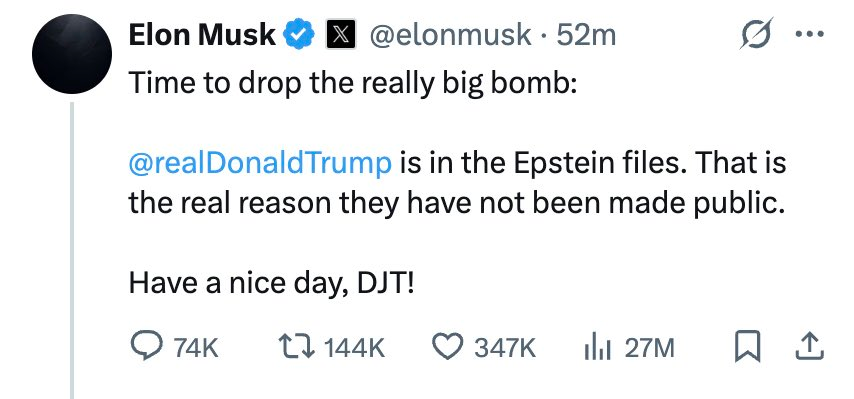 seastersjones's tweet image. So, in May DOJ tells Trump what he already knew, that he's in the Epstein files. Then June 5th: