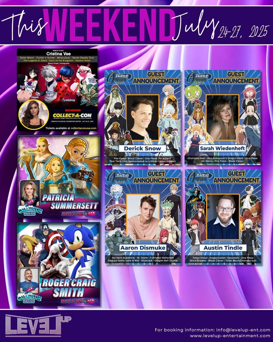 LevelUpVO's tweet image. Big weekend! Find @CristinaVee @Collect_A_Con @Aaron__Dismuke @austintindle @theDerickSnow @SarahWiedenheft @AnimeIowa @RogerCraigSmith and @Summersett_ @GalaxyConRDU. So many amazing people in so many places.