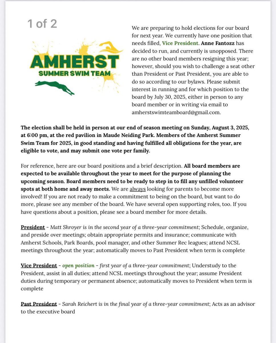 SwimAmherst's tweet image. Hi. Please refer to the attached photos for an ASST 2025 End of the Season letter that has board position descriptions and information regarding future board considerations.