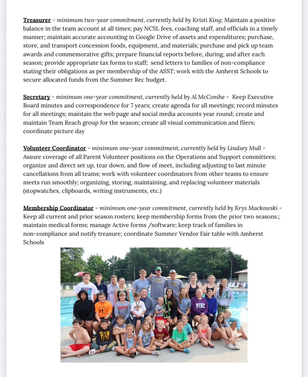 SwimAmherst's tweet image. Hi. Please refer to the attached photos for an ASST 2025 End of the Season letter that has board position descriptions and information regarding future board considerations.