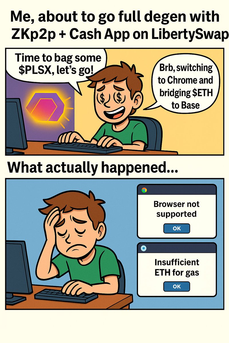 Intoxicated Coder (@toxiccoder) on Twitter photo Two things I wish I knew before actually using ZKp2p + Cash App to buy PulseChain assets on <a href="/LibertySwapFi/">Liberty Swap</a>
1⃣ - Firefox doesn't work, use Chrome or Brave instead.
2⃣ - You’ll need $ETH on Base to cover gas fees. Two things I wish I knew before actually using ZKp2p + Cash App to buy PulseChain assets on <a href="/LibertySwapFi/">Liberty Swap</a>
1⃣ - Firefox doesn't work, use Chrome or Brave instead.
2⃣ - You’ll need $ETH on Base to cover gas fees.