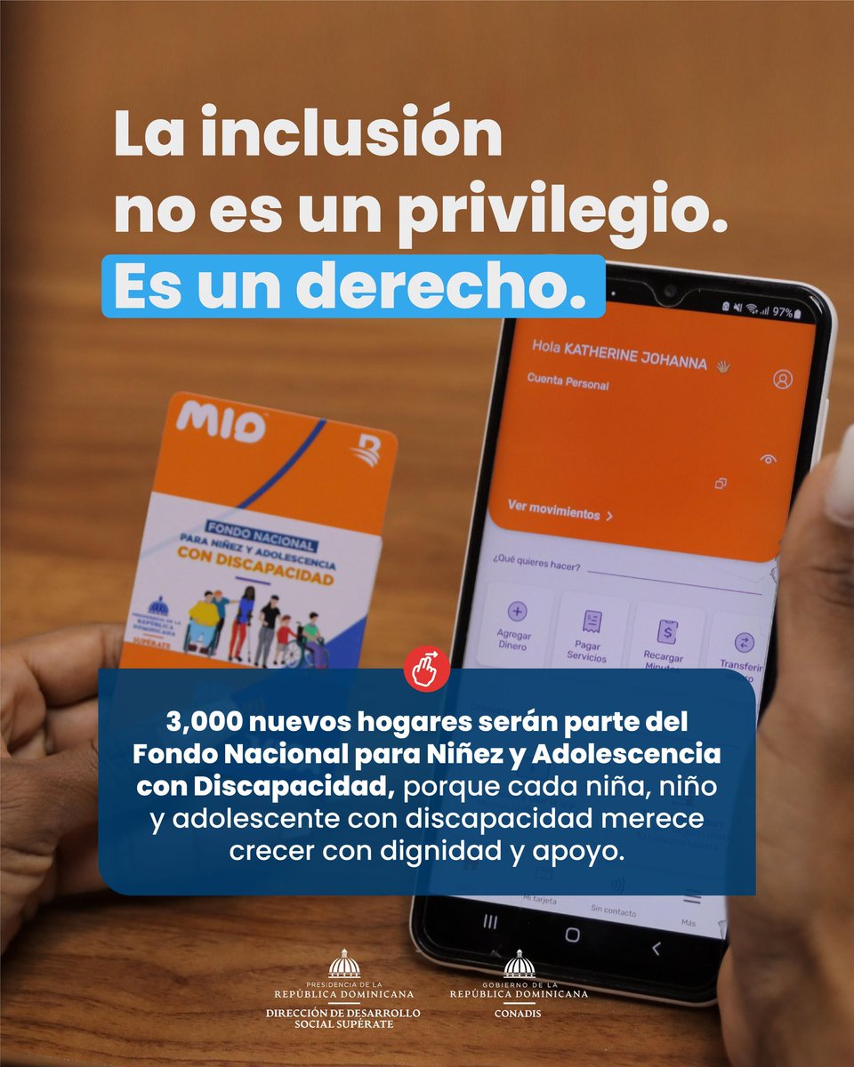 Supérate (@superaterdo) on Twitter photo La inclusión no es un privilegio. Es un derecho.
3,000 nuevos hogares con niñas, niños y adolescentes con discapacidad se integran al Fondo Nacional.
Junto al despacho de la Primera Dama @RaquelArbaje y <a href="/ConadisRD/">CONADIS República Dominicana</a>, seguimos construyendo una protección social más justa, sin dejar La inclusión no es un privilegio. Es un derecho.
3,000 nuevos hogares con niñas, niños y adolescentes con discapacidad se integran al Fondo Nacional.
Junto al despacho de la Primera Dama @RaquelArbaje y <a href="/ConadisRD/">CONADIS República Dominicana</a>, seguimos construyendo una protección social más justa, sin dejar