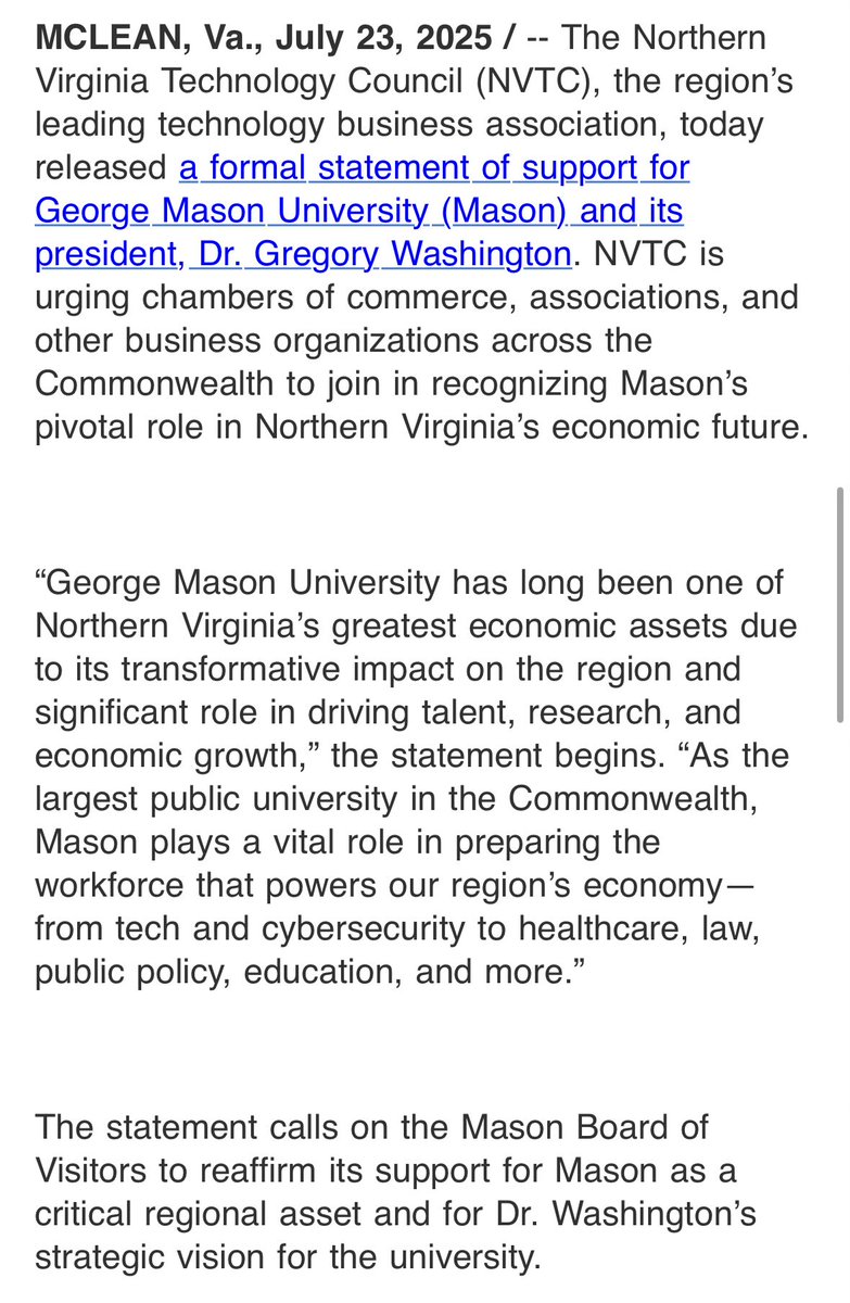 BradKutner's tweet image. INBOX: @NoVATechCouncil comes out in support of @GeorgeMasonU following the opening of @TheJusticeDept investigations into the university #valeg