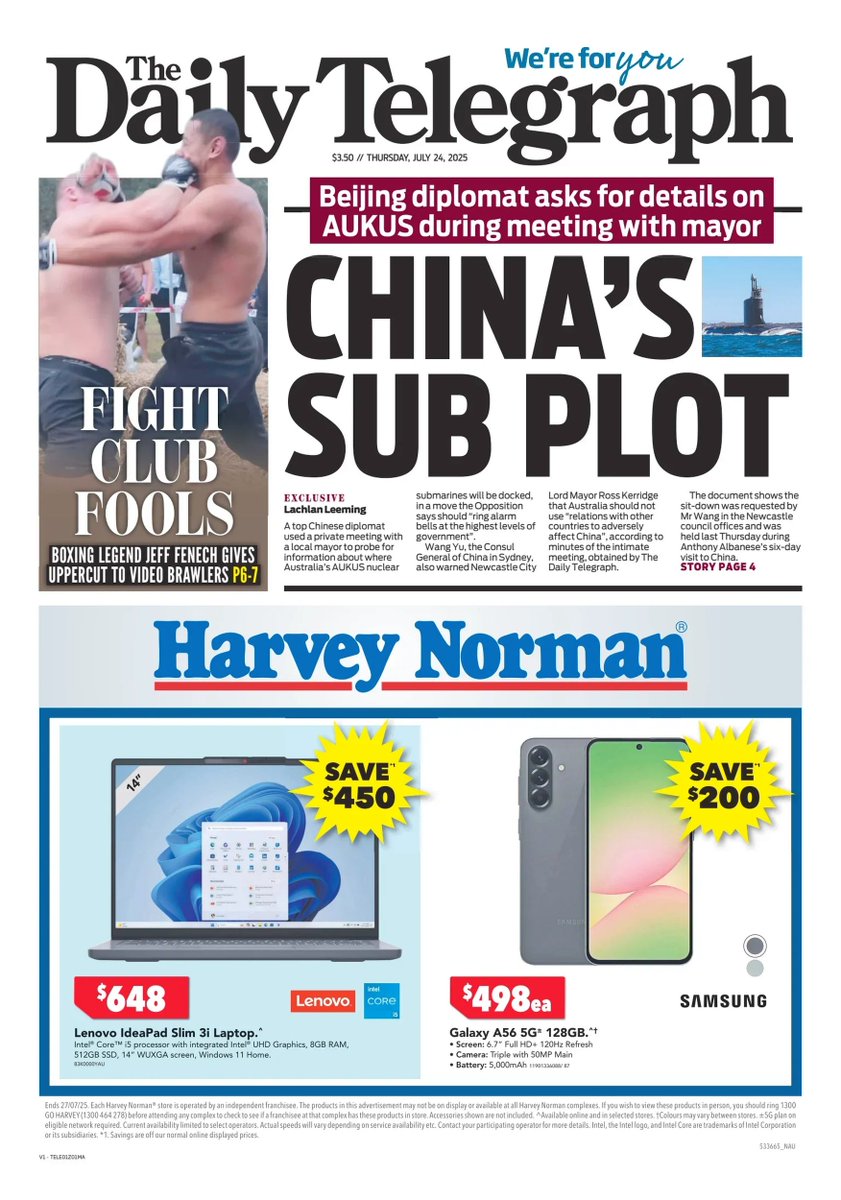 ukpapers's tweet image. π¦πΊ China's Sub Plot
β«A top China diplomat used a meeting behind closed doors to grill a NSW mayor about the future location of AUKUS nuclear submarines, raising serious security questions
β«@LeemingLachie
#frontpagestoday #Australia @dailytelegraph