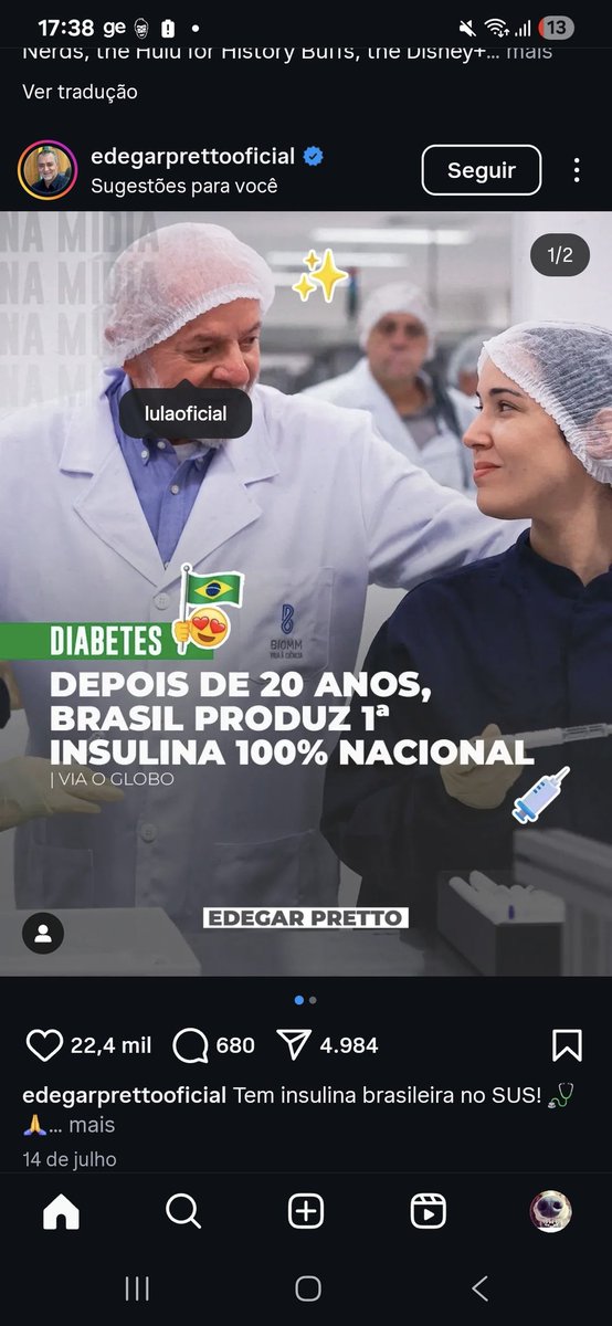 janalula72's tweet image. Isso é SER PATRIOTA
INSULINA 109% NACIONAL no SUS
LULA REELEITO