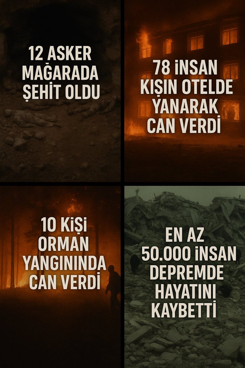 12 asker mağarada şehit oldu. Bir kişi istifa etmedi.

78 insan kışın otelde yanarak can verdi. Bir kişi istifa etmedi.

10 kişi #ormanyangını sonucu vefat etti. Bir kişi istifa etmedi.

En az 50 bin insan depremde hayatını kaybetti. Bir kişi istifa etmedi.

Çünkü bu ülkede canın