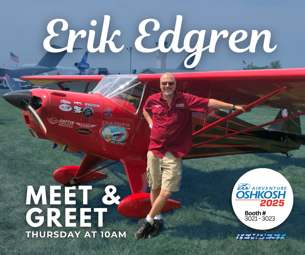 Stop by booth #3021–3023 this Thursday at 10 AM for an exclusive chance to meet Erik Edgren, snap a photo, and get his autograph! And don’t miss out on his performance Saturday night!

#Oshkosh25 #EAAAirventure #generalaviation #innovation #Tempest #TeamTempest #ErikEdgren