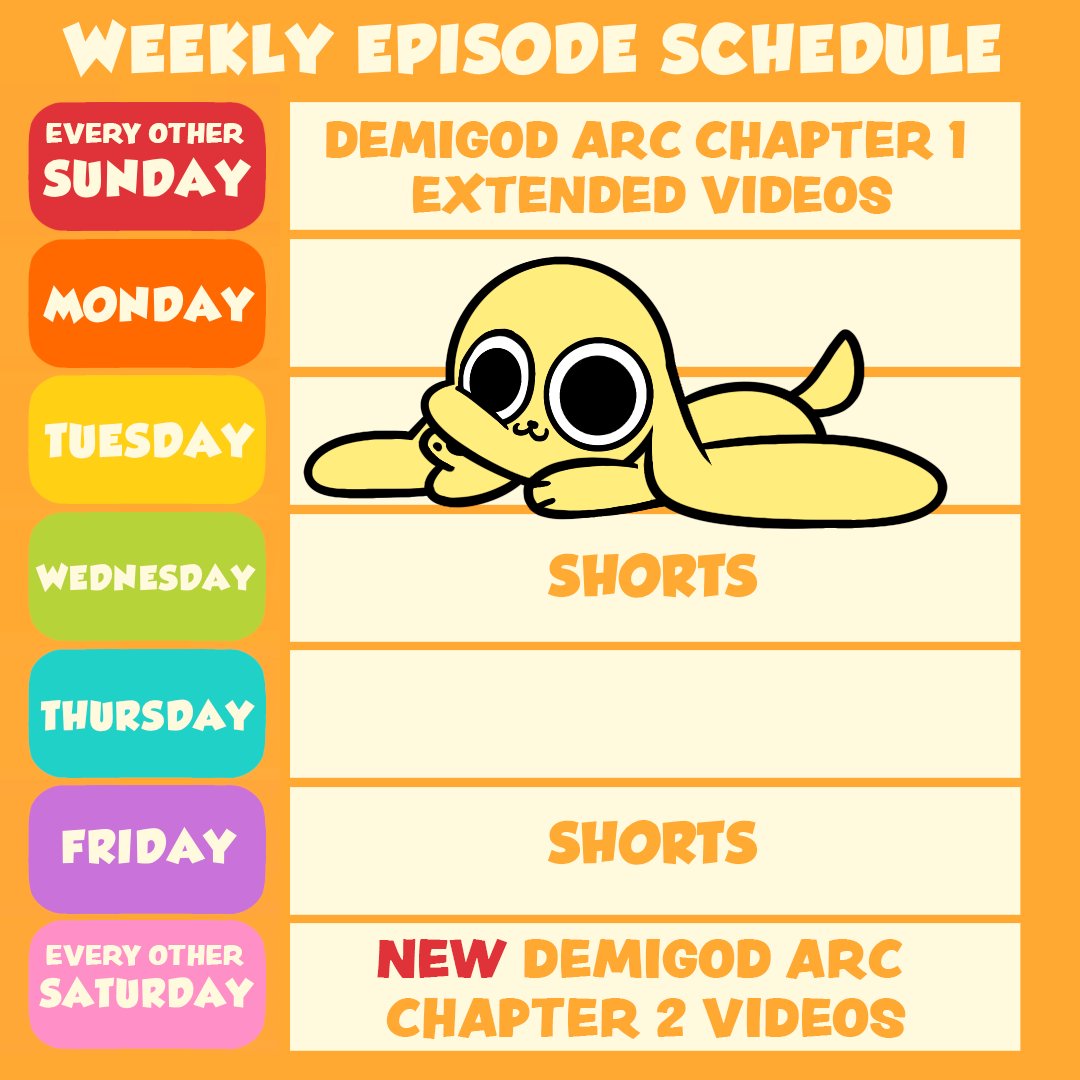 chikn_nuggit's tweet image. ⭐️UPDATED⭐️
Chikn Nuggit episode schedule
Here's a more detailed outline of Chikn Nuggit's episode posting schedule!
All videos will be posted on these days weekly (or biweekly for the weekends) at 9am PST