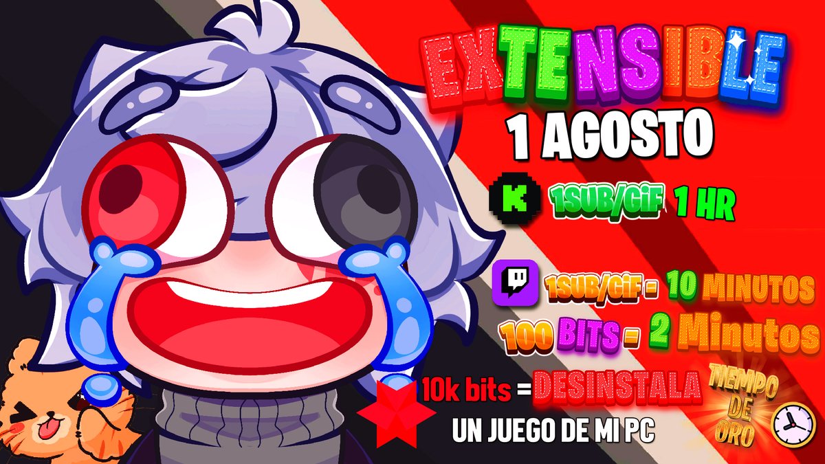TiroLocoVEVO's tweet image. ESTE 1 DE AGOSTO EMPEZAMOS EXTENSIBLE MI GENTE!! VAYAN PREPARANDOSE!! 10K BITS ME DESISTALAN UN JUEGO DEL PC Y INTERCALAREMOS ENTRE KICK Y TWITCH EL EXTENSIBLE ASI QUE SI SE SUBSCRIBEN EN KICK SE AGREGA 1 HORA AL EXTENSIBLE Y EN TWITCH 10 MINUTOS DE CHILL Y 100 BITS 2 MINUTOS!