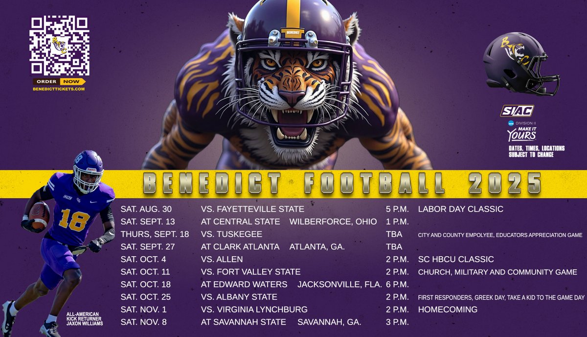 BenedictEDU's tweet image. TIGER NATION, IT’S GAME TIME! 🐅💜💛
The 2025 season is here, and our Benedict Tigers are coming in HUNGRY and ready to DOMINATE! 🏈💥
We’re kicking things off with a bang at the Labor Day Classic on August 30th, facing off against Fayetteville State in a showdown you don’t…