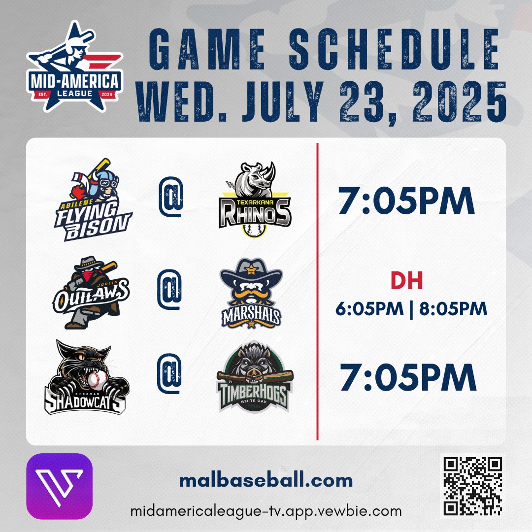 MALBaseball2024's tweet image. GAME SCHEDULE | JULY 23‼️⚾️

1️⃣ 7:05PM | Abilene @ Texarkana 
2️⃣ DH | 6:05PM &amp;amp; 8:05PM | Joplin @ Fort Smith
3️⃣ 7:05PM | Sherman @ Piney Woods

📺 midamericaleague-tv.app.vewbie.com

📊 Follow live stats and game updates here:
malbaseball.com/composite