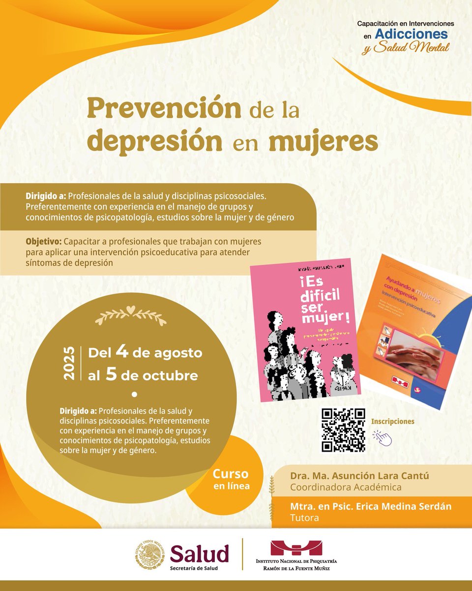 INPRFM's tweet image. Curso en línea | Prevención de la depresión en mujeres
📩 Informes e inscripciones:
📧 mujeresydepresion@gmail.com
📧 cursosdiep@inprf.gob.mx
¡Inscríbete y forma parte del cambio!
🔗 docs.google.com/forms/d/e/1FAI…