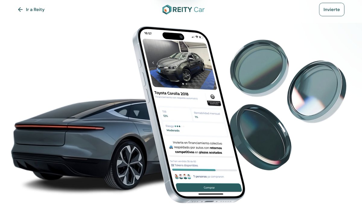 Nuevo producto: tokenizar financiamiento colectivo para automotoras con un auto de respaldo #RWA. Le entregamos capital de trabajo a automotoras y nuestros usuarios reciben un 1% de rentabilidad mensual estimado. Más en car.reity.cl