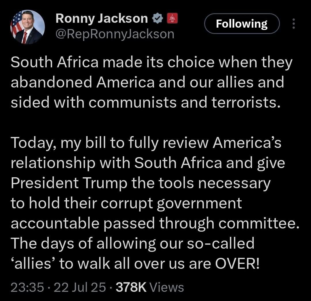 Daantjie Tromp 🇿🇦🇺🇸 (@daantjietromp) on Twitter photo I DONT EVEN FEEL BAD FOR THEM !
PLEASE REPOST ♻️
You guys have my full support. The
corrupt fuckers had all the time to fix
things with the USA but they didn't !
So go ahead. Destroy all of them !!!!!!
<a href="/POTUS/">President Donald J. Trump</a> <a href="/JDVance/">JD Vance</a> <a href="/SecRubio/">Secretary Marco Rubio</a>
<a href="/realDonaldTrump/">Donald J. Trump</a> <a href="/RepOgles/">Rep. Andy Ogles</a>
<a href="/RepRonnyJackson/">Ronny Jackson</a> I DONT EVEN FEEL BAD FOR THEM !
PLEASE REPOST ♻️
You guys have my full support. The
corrupt fuckers had all the time to fix
things with the USA but they didn't !
So go ahead. Destroy all of them !!!!!!
<a href="/POTUS/">President Donald J. Trump</a> <a href="/JDVance/">JD Vance</a> <a href="/SecRubio/">Secretary Marco Rubio</a>
<a href="/realDonaldTrump/">Donald J. Trump</a> <a href="/RepOgles/">Rep. Andy Ogles</a>
<a href="/RepRonnyJackson/">Ronny Jackson</a>