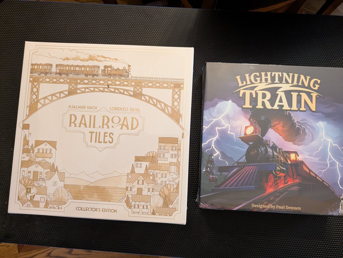 DiceAndNames's tweet image. We have two hot new train games to try out. Railroad Tiles from @horribleguild and Lightning Train from @direwolf .
These will be the one of the first games we play when we get back from Gen Con
