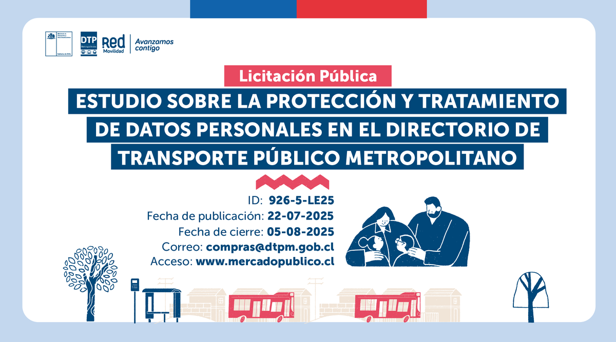 ¡Participa en la nueva Licitación pública!:
"Estudio sobre la protección y tratamiento de datos personales en el Directorio público Metropolitano".

📌ID Mercado Público:926-5-LE25
✅Cierre de Recepción de Ofertas: 05-08-2025
📨¿Más información? compras@dtpm.gob.cl