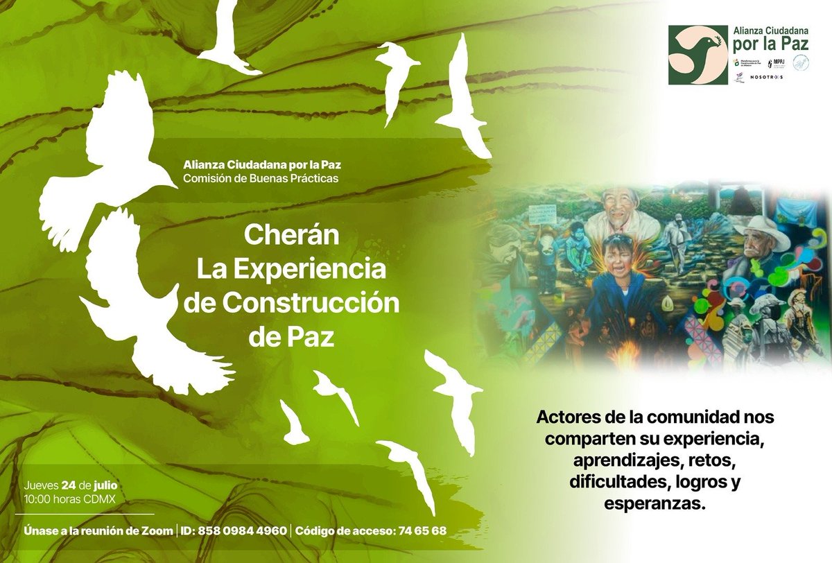 NosotrxsMX's tweet image. Mañana 25 de julio de 10 a 12 horas se llevará a cabo la 3ª sesión de buenas prácticas para la construcción de paz.
Escucharemos la experiencia de la comunidad purépecha de Cherán, Michoacán.
Sesión virtual:
🔗 us02web.zoom.us/j/85809844960?…
ID: 858 0984 4960
Código: 746568