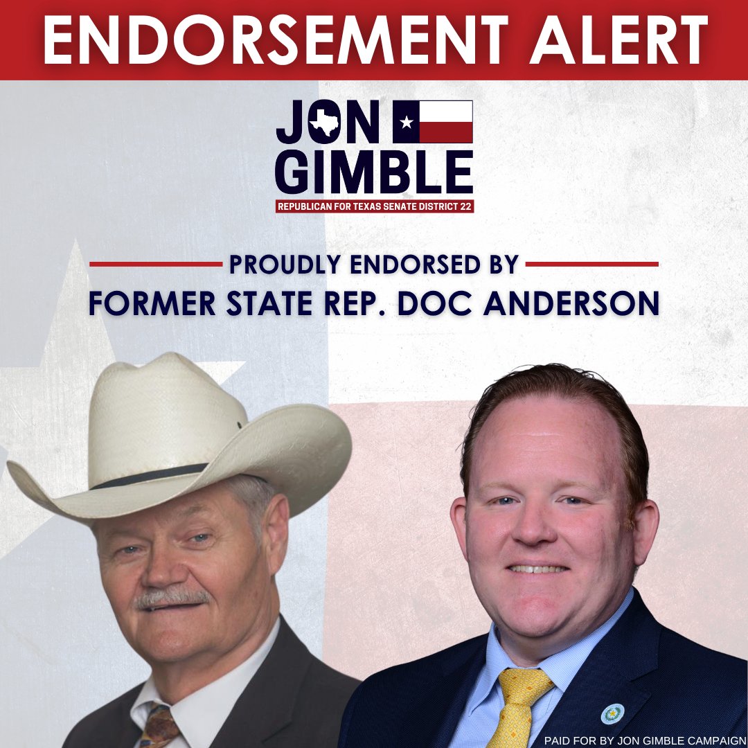 JonGimbleTX's tweet image. 🚨 Endorsement Alert 🚨
Jon Gimble is proud to be endorsed by former State Representative @DocAnderson4TX, a trusted conservative leader who served Central Texas with distinction for over a decade.
Doc Anderson’s support is a strong vote of confidence in Jon’s proven record,…