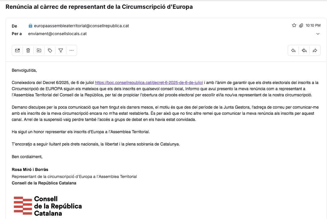 Rosa Miró (@rosamirob) on Twitter photo Al no tenir canal de comunicació amb els inscrits del Consell de la República d‘Europa, els comunico per aquest canal que per garantir els seus drets, renuncio al càrrec de representant en l’Assemblea Territorial del <a href="/ConsellRep/">Consell de la República Catalana</a> Al no tenir canal de comunicació amb els inscrits del Consell de la República d‘Europa, els comunico per aquest canal que per garantir els seus drets, renuncio al càrrec de representant en l’Assemblea Territorial del <a href="/ConsellRep/">Consell de la República Catalana</a>