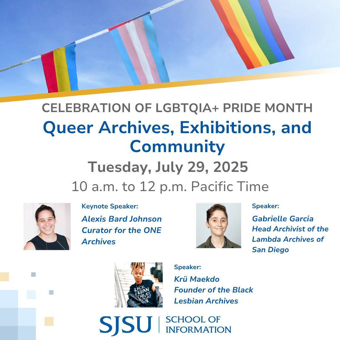 SJSUiSchool's tweet photo. Join us in celebrating LGBTQIA+ librarianship, advocacy, and community!

Free online symposium: “Queer Archives, Exhibitions, and Community”
🗓️ Tuesday, July 29, 2024 at 10 AM – 12 PM PT
🔗 https://t.co/fWXbnxVhL6

Keynote: Alexis Bard Johnson, Curator, ONE Archives https://t.co/9zQy6syVIf