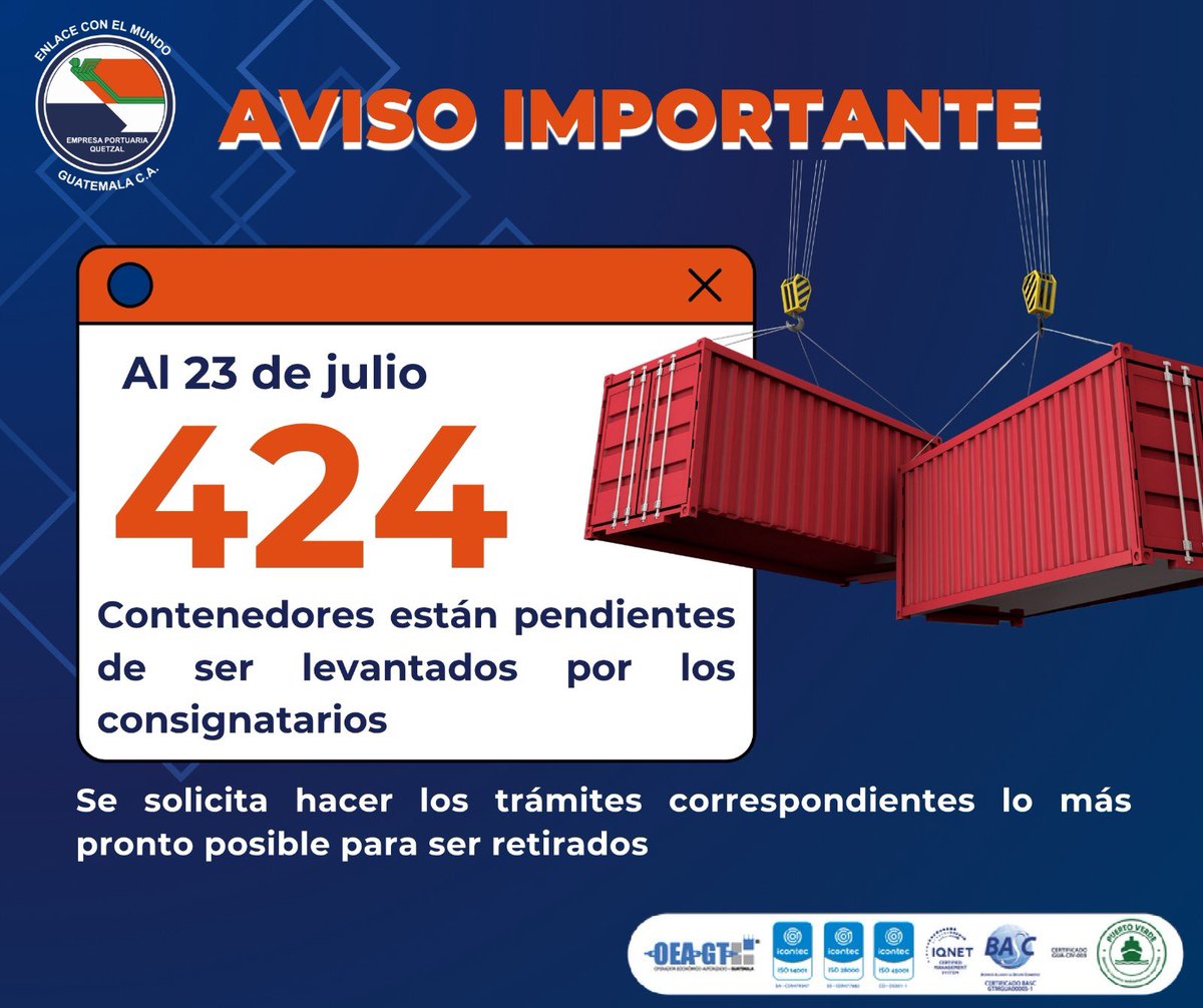 🔔 Recuerda realizar los trámites correspondientes con tu transportista para agilizar la salida de los contenedores de puerto🔔

<a href="/AGEXPORTGT/">AGEXPORT</a> <a href="/CUTRIGUA/">CUTRIGUA</a> <a href="/SATGT/">SAT Guatemala</a> <a href="/cpngobgt/">Comisión Portuaria Nacional</a> <a href="/Sol_Logistics/">Sol Logistic’s Group.</a> <a href="/industriaguate/">Cámara de Industria de Guatemala</a> <a href="/CamComercioGT/">Cámara de Comercio de Guatemala</a>