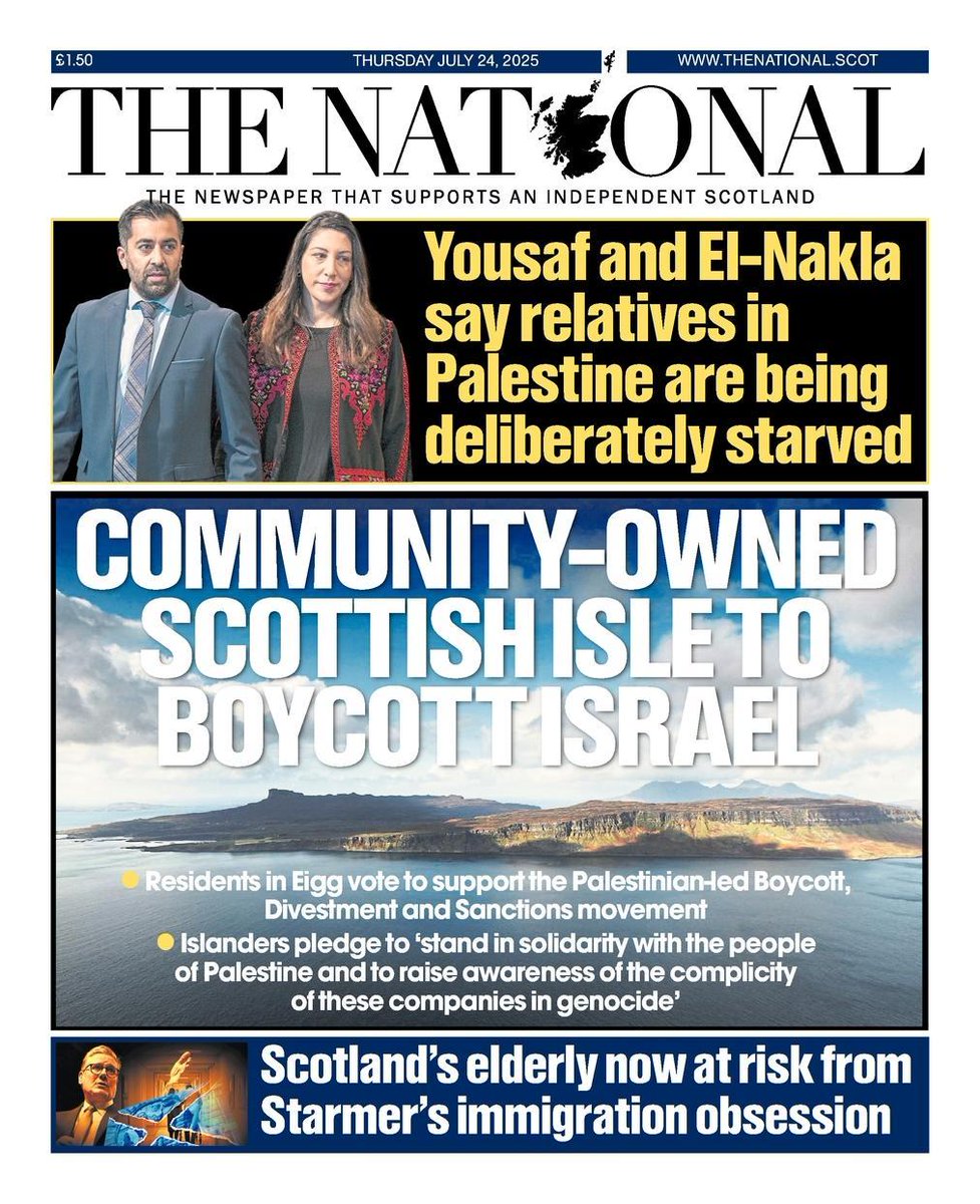 Tomorrow's front page 📰

Community-owned Scottish isle to boycott Israel