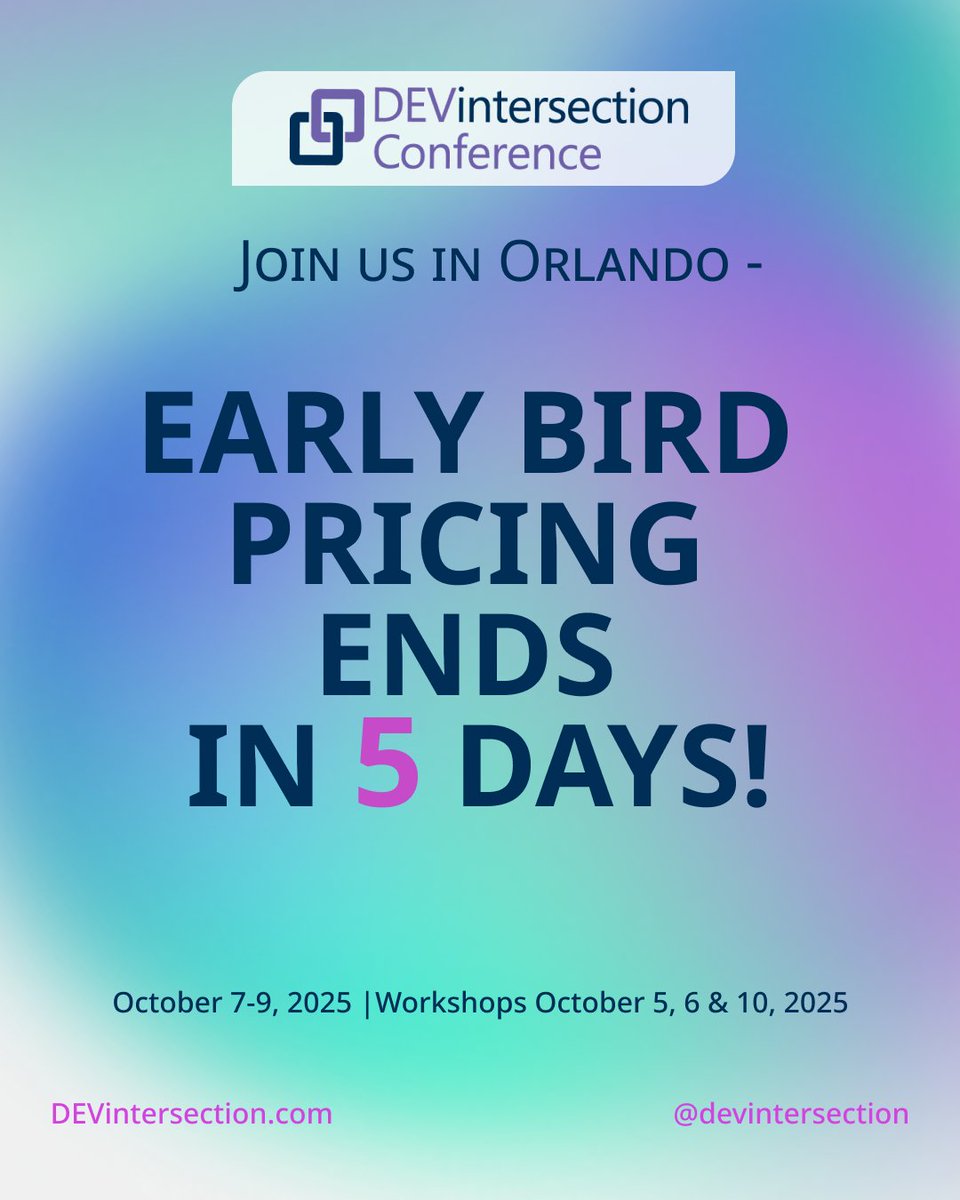 DEVintersection Conference (@devintersection) on Twitter photo Only 5 days left to save big on <a href="/DEVintersection/">DEVintersection Conference</a>!
Join Jonathan “J.” Tower (@jtowermi) and explore the future of .NET and cloud with hands-on sessions that go beyond the basics.
One pass gives you full access to next GenAI and Cybersecurity Intersection, too.
Register here Only 5 days left to save big on <a href="/DEVintersection/">DEVintersection Conference</a>!
Join Jonathan “J.” Tower (@jtowermi) and explore the future of .NET and cloud with hands-on sessions that go beyond the basics.
One pass gives you full access to next GenAI and Cybersecurity Intersection, too.
Register here