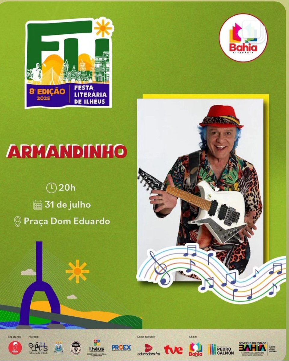 🎸 Prepare-se para um encontro histórico!
No dia 31 de julho, às 20h, a Praça Dom Eduardo será palco do talento inconfundível de Armandinho Macedo e banda, uma lenda viva da música brasileira e mestre da guitarra baiana! 🌟