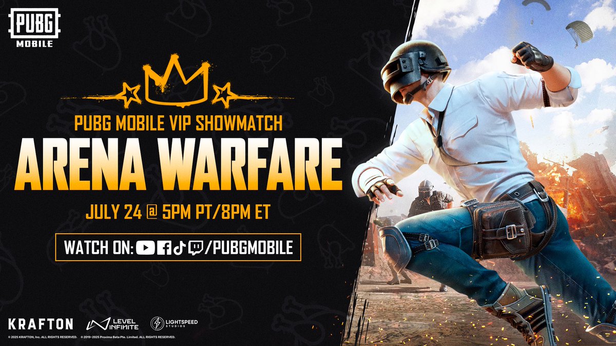I'm excited to be one of the team captains for the PUBG MOBILE VIP Showmatch: Arena Warfare! Watch me tear up the competition in the Ranked Arena!

🗓️ July 24th
🕔 5:00PM PT
💰 $4,000 USD Prize Pool

#PUBGMVIP #RANKEDARENA #PUBGMPartner