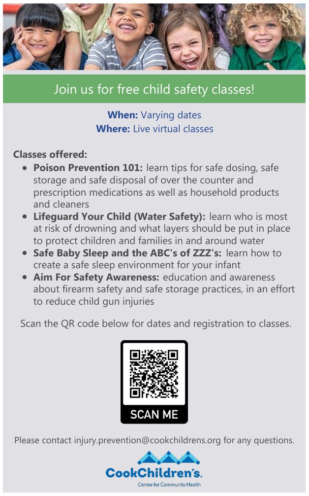 Join Us for Free Child Safety Classes!
Visit cookchildrenscommunity.org/caregiver-educ… for more information.