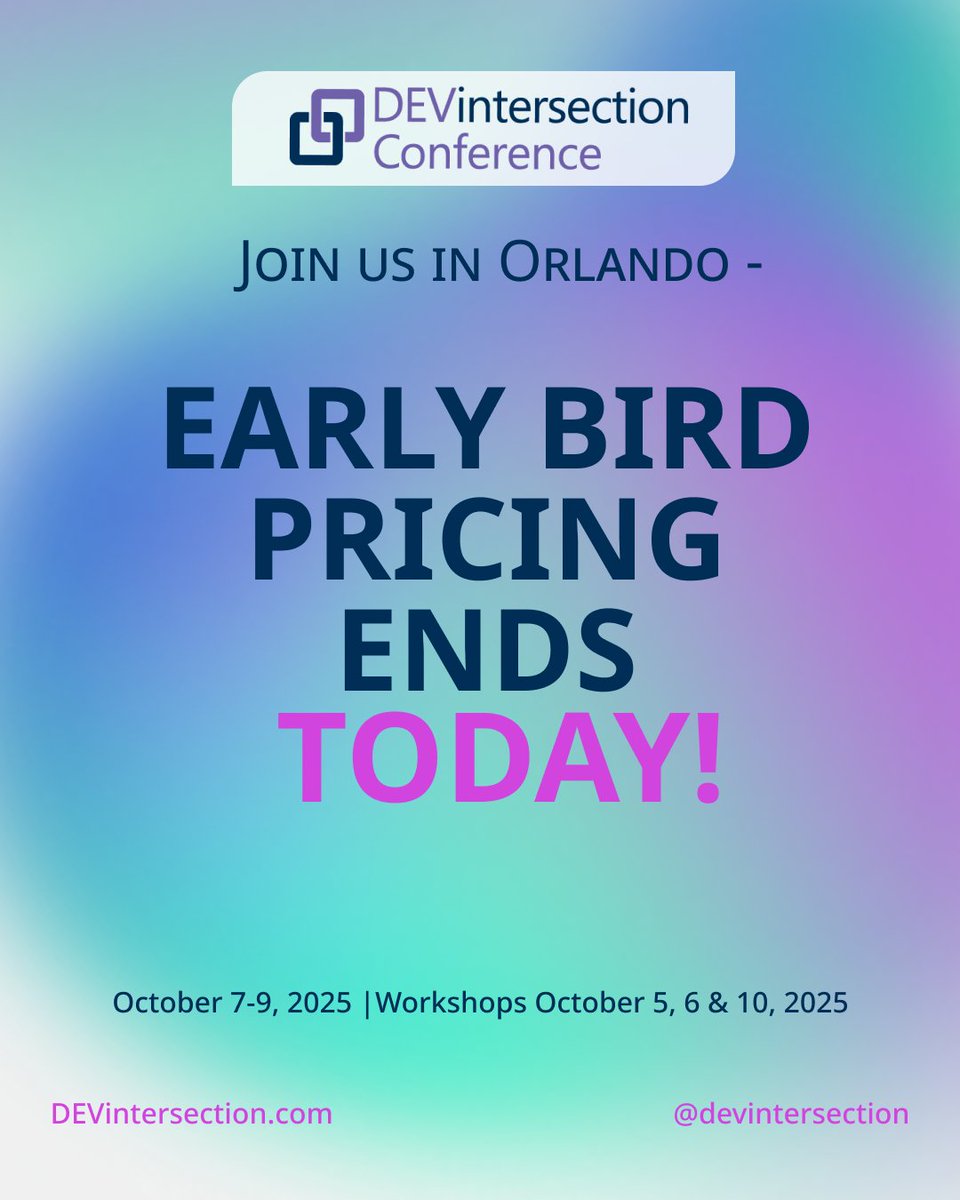 DEVintersection Conference (@devintersection) on Twitter photo 🚨 This is it—Early Bird pricing ends TODAY!
Join John Papa (@john_papa) at <a href="/DEVintersection/">DEVintersection Conference</a> and discover modern app techniques that drive results.
Gain full access to sessions across #DEVintersection, next GenAI, and Cybersecurity Intersection.
Register before time runs out: 🚨 This is it—Early Bird pricing ends TODAY!
Join John Papa (@john_papa) at <a href="/DEVintersection/">DEVintersection Conference</a> and discover modern app techniques that drive results.
Gain full access to sessions across #DEVintersection, next GenAI, and Cybersecurity Intersection.
Register before time runs out: