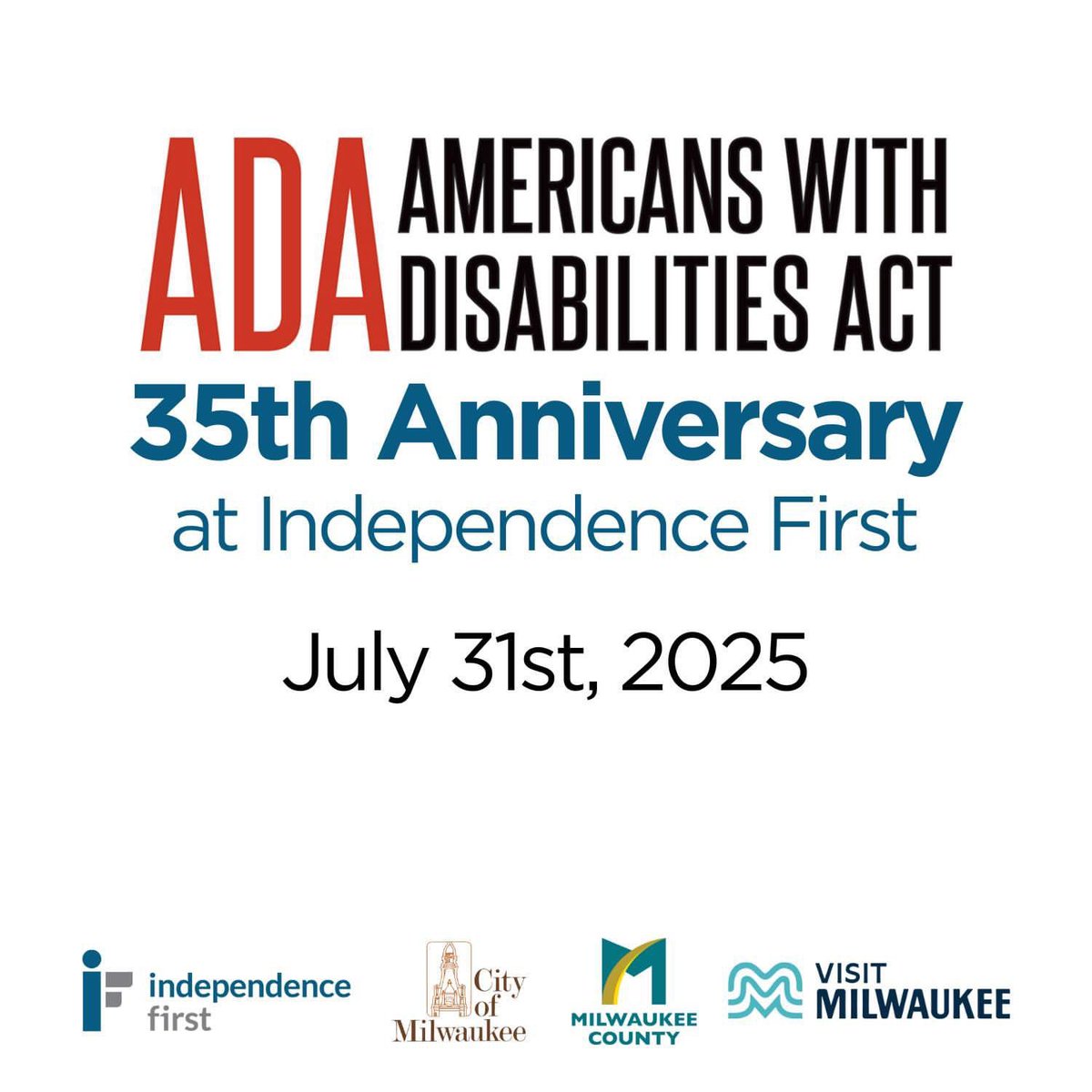 MilwaukeeDOA's tweet image. Join us next week to celebrate the 35th anniversary of the signing of the ADA (Americans with Disabilities Act) with @Independence1st, @EqualRightsMKE, @MayorMKE & @visitmilwaukee!
📍Independence First, 540 S. 1st St.
🗓️Thursday, July 31, 10:30AM-1PM
➡️ADA35thCelebration.eventbrite.com