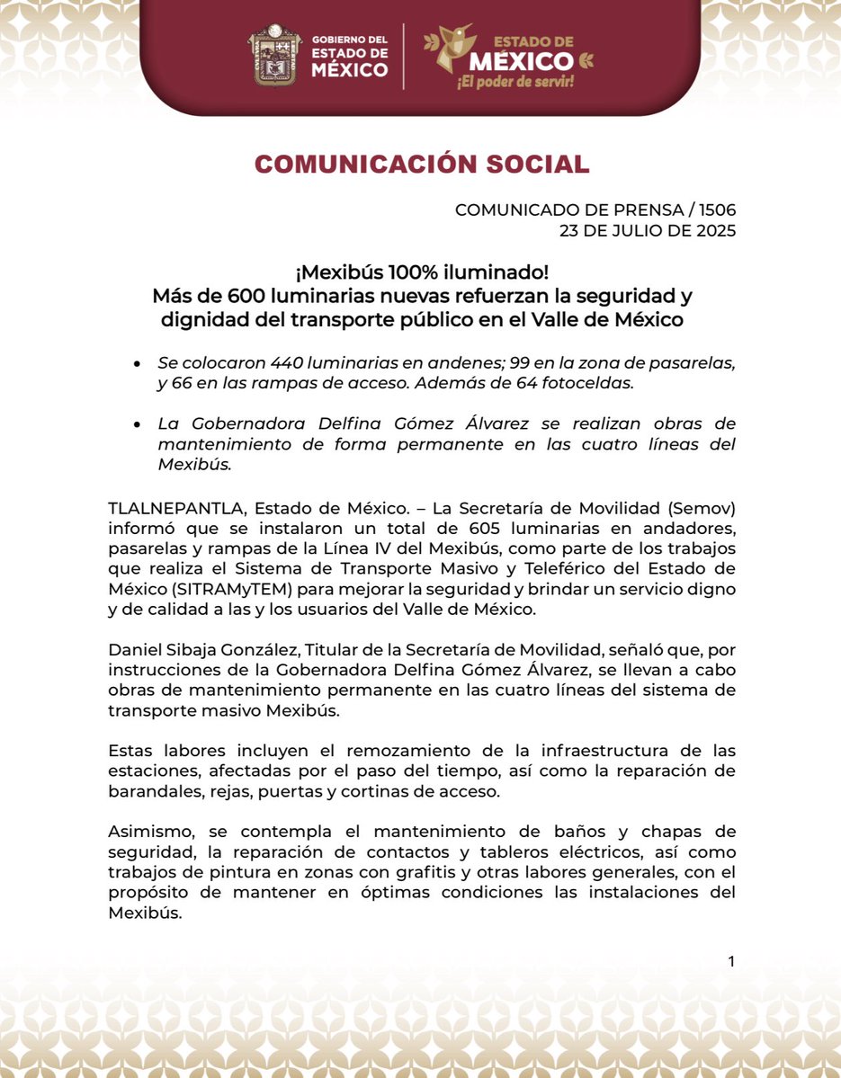 SEMOV_Edomex's tweet image. 📄#ComunicadoDePrensa

¡Mexibús 100% iluminado! Más de 600 luminarias nuevas refuerzan la seguridad y dignidad del transporte público en el Valle de México.

Más información: 👇🏼
