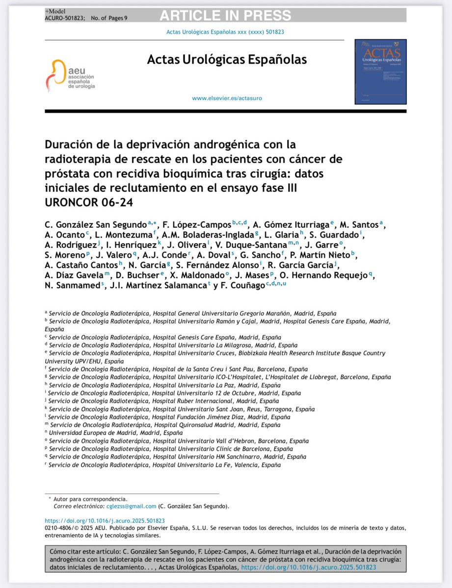 📢 Our article on ADT duration + salvage RT in prostate cancer (URONCOR 06-24 trial) is now online!
🧠 Open access for 50 days:
👉 authors.elsevier.com/c/1lUCL_4oIYIT…

#ProstateCancer #RadiationOncology #ClinicalResearch #URONCOR0624